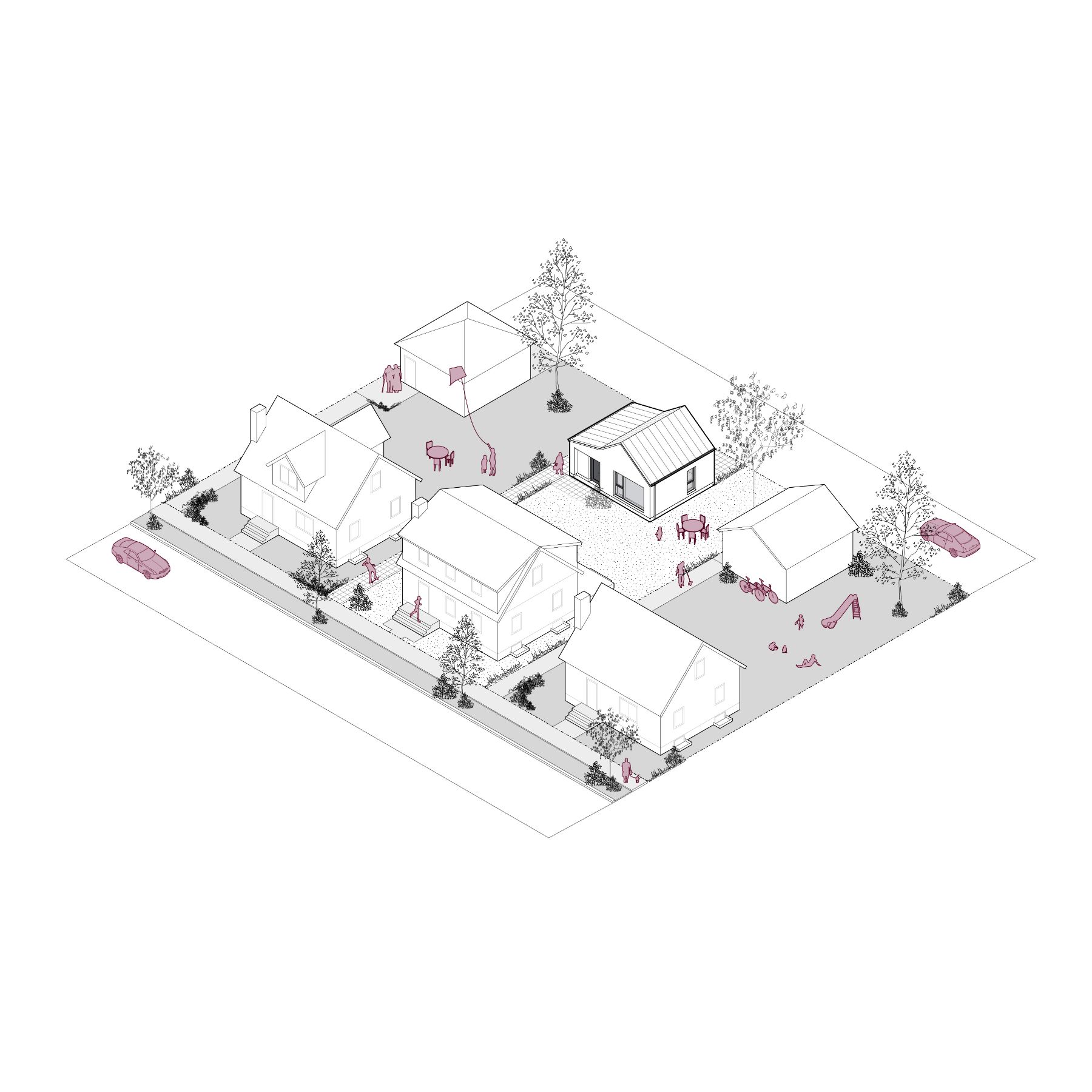 Rendu filaire 3D d’un logement accessoire de plain-pied, d’une superficie d’environ 46,6 mètres carrés (502 pieds carrés). L’image montre un bâtiment de plain-pied situé dans un quartier résidentiel. Le logement est entouré de maisons individuelles, de trottoirs, d’arbres et d’arrière-cours. 